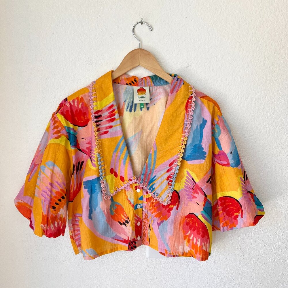 FARM RIO Neon Macaw Bird Print Collar Puff Sleeve Cropped Blouse Size M
